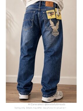 Y2K Embroidered Eagle Jeans Distressed Straight Leg Denim 32x30
